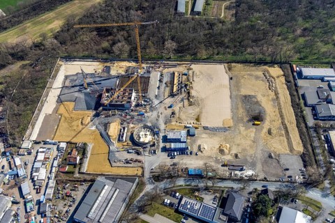 Aerial view, construction site new wood-fired power station at Thyssenstraße, Averbruch, Dinslaken,