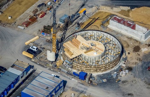 Aerial view, construction site new wood-fired power station at Thyssenstraße, Averbruch, Dinslaken,