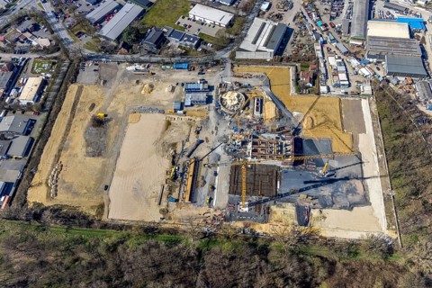 Aerial view, construction site new wood-fired power station at Thyssenstraße, Averbruch, Dinslaken,