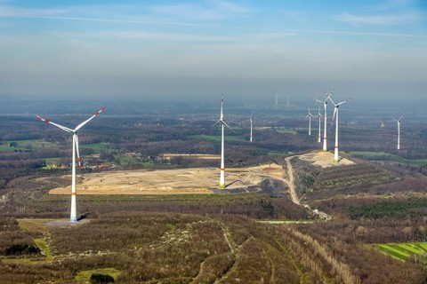 Aerial view, construction site, Halde Lohberg Norderweiterung, wind turbines, Oberlohberg,