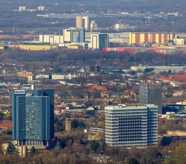 Aerial view, city view, Westnetz building, innogy SE, view to the north, in the background Holcim