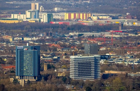 Aerial view, city view, Westnetz building, innogy SE, view to the north, in the background Holcim