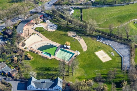 Aerial view, Naturfreibad Froschloch, Hombruch, Dortmund, Ruhr area, North Rhine-Westphalia,