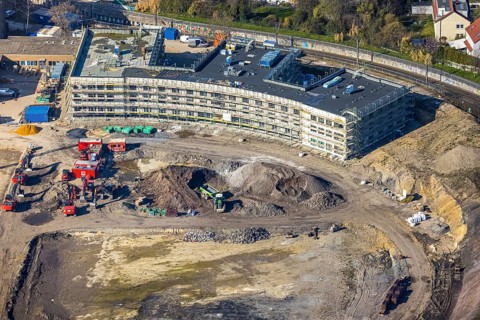 Aerial view, Hombrucher Bogen, construction site for commercial areas and apartment buildings,