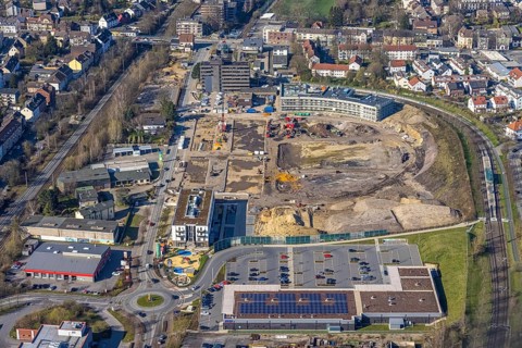 Aerial view, Hombrucher Bogen, construction site for commercial areas and apartment buildings,