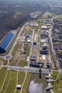 Aerial view, Bergpark Lohberg, former Lohberg colliery site, winding tower, water tower, Lohberg