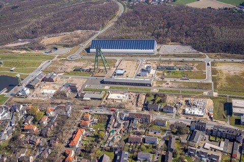 Aerial view, Bergpark Lohberg, former Lohberg colliery site, winding tower, water tower, Lohberg