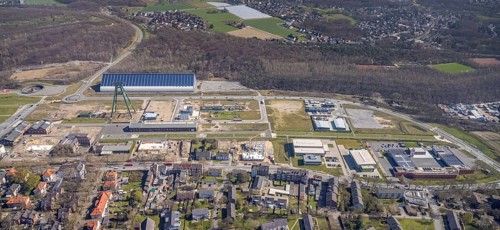 Aerial view, Bergpark Lohberg, former Lohberg colliery site, winding tower, water tower, Lohberg