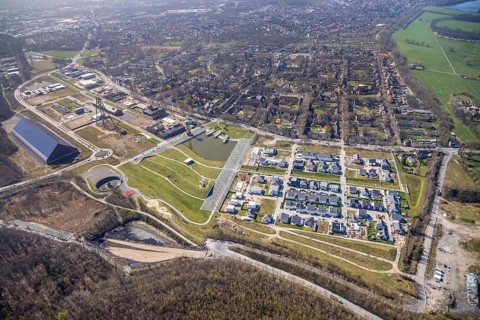 Aerial view, construction site new housing estate at Bergpark Lohberg, living in Kreativ.Quartier