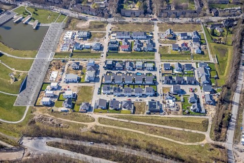 Aerial view, construction site new housing estate at Bergpark Lohberg, living in Kreativ.Quartier