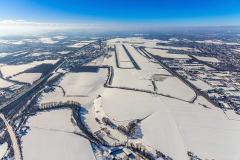 Aerial photo, Dortmund airport in winter, Wickede, Dortmund, Ruhr area, North Rhine-Westphalia,