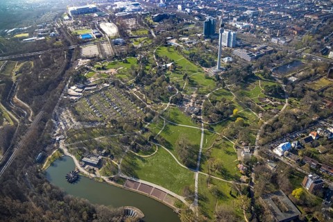 Aerial view, lawn in Westfalenpark, spring weather on Dortmund's lawns, Dortmund, Ruhr area, North