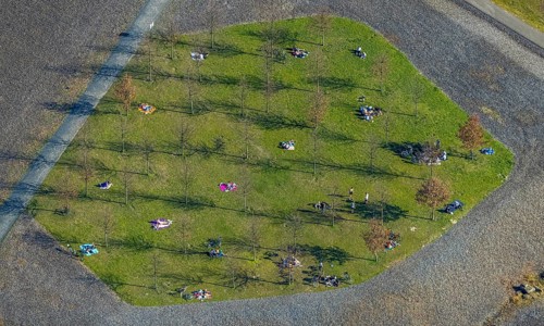 Aerial view, small sunbathing lawn on the slag heap between Westfalenpark, Emscher and viaduct