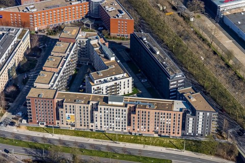 Aerial view, Steigenberger Hotel Dortmund, new building Berswordt-Quartier, multi-family house