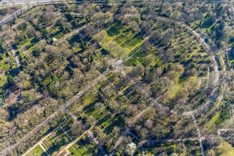 Aerial view, Südwestfriedhof, Westfalenhalle, Dortmund, Ruhr area, North Rhine-Westphalia, Germany,