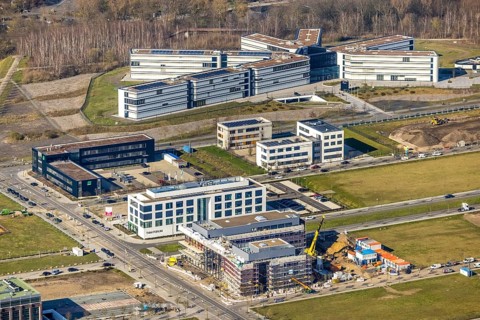 Aerial view, technology park Phönix-West, Amprion, Hacheney, Dortmund, Ruhr area, North