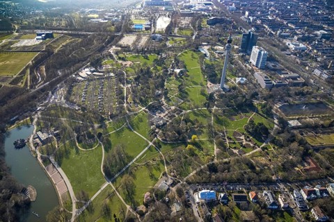 Aerial view, lawn in Westfalenpark, spring weather on Dortmund's lawns, Dortmund, Ruhr area, North