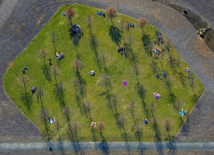 Aerial view, small sunbathing lawn on the slag heap between Westfalenpark, Emscher and viaduct