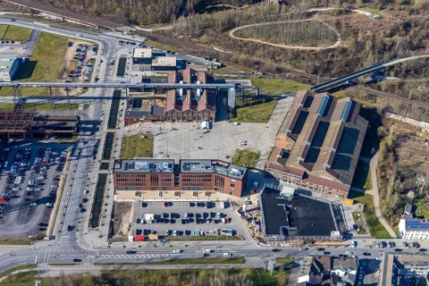 Aerial view, Technology Park Phönix-West, Phönixplatz, Warsteiner Music Hall, Alte Fabrikhalle