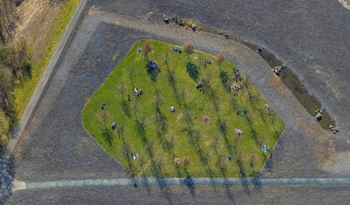 Aerial view, small sunbathing lawn on the slag heap between Westfalenpark, Emscher and viaduct
