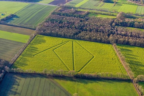 Aerial view with traces in the landscape in Dorsten in the Ruhr area in North Rhine-Westphalia,