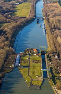 Aerial view large lock Dorsten on the Wesel-Datteln Canal near Dorsten in the Ruhr area in North