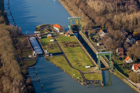 Aerial view large lock Dorsten on the Wesel-Datteln Canal near Dorsten in the Ruhr area in North