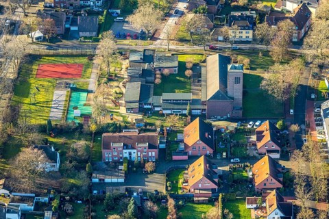 Aerial view of St. Josef Church and St. Josef Kindergarten in Dorsten in the Ruhr area in North