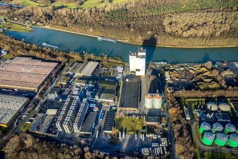 Aerial view Agravis silo tower concentrated feed plant in the industrial area east at the