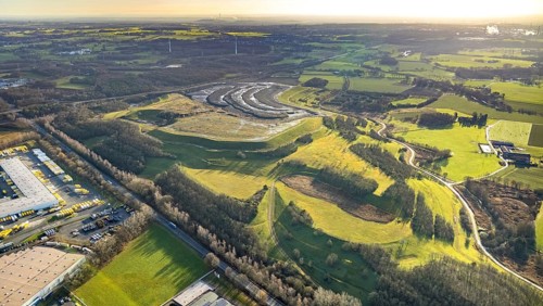 Aerial view of the Hürfeldhalde in Dorsten in the Ruhr area in North Rhine-Westphalia, Germany,