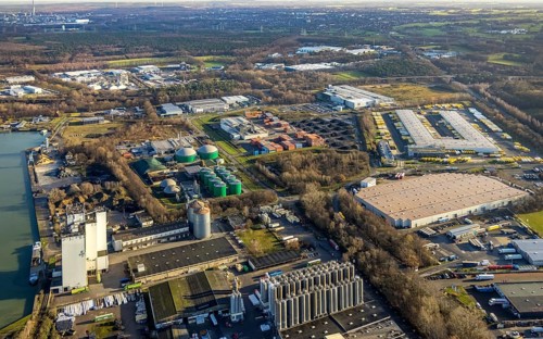 Aerial view of the Industrial Park East Dorsten-Marl with the Agravis silo tower concentrated feed