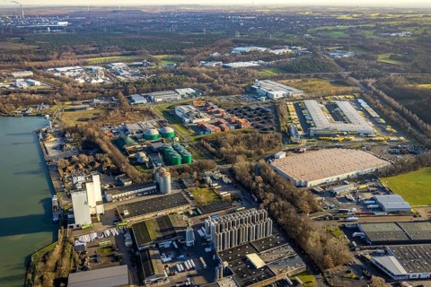 Aerial view of the Industrial Park East Dorsten-Marl with the Agravis silo tower concentrated feed