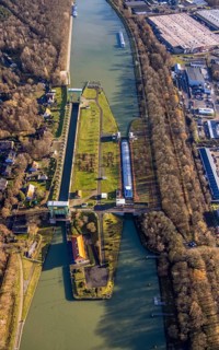 Aerial view large lock Dorsten on the Wesel-Datteln Canal near Dorsten in the Ruhr area in North