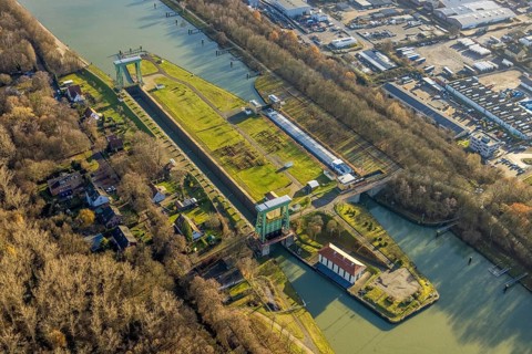 Aerial view large lock Dorsten on the Wesel-Datteln Canal near Dorsten in the Ruhr area in North