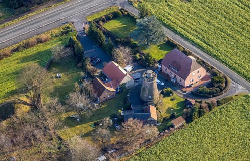 Aerial view of the flower bindery Mühlenhus an der WindMühle in Dorsten in the Ruhr area in North