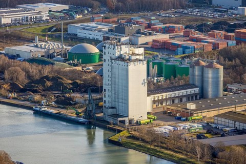 Aerial view Agravis silo tower concentrated feed plant in the industrial area east at the