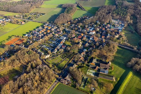 Aerial view of St Paul's Catholic Church in Dorfstraße and overview of the district of Hervest in