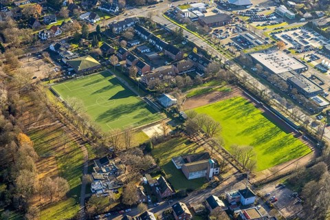 Aerial view of the sports field of SV Dorsten-Hardt in the Storchsbaumstraße in Dorsten in the Ruhr