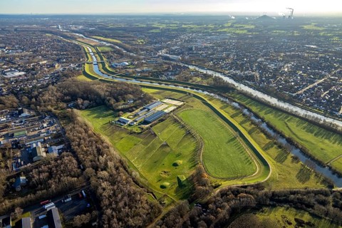 Aerial view of the equestrian centre Gut Hohenkamp with river Lippe and Weser-Datteln-Canal in
