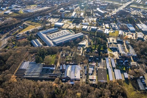 Aerial view commercial area in Marienstraße in Dorsten in the Ruhr area in North Rhine-Westphalia,