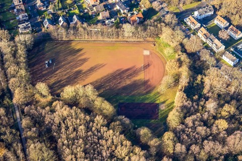 Aerial view of the sports field of the school centre Pliesterbecker Straße in Dorsten in the Ruhr