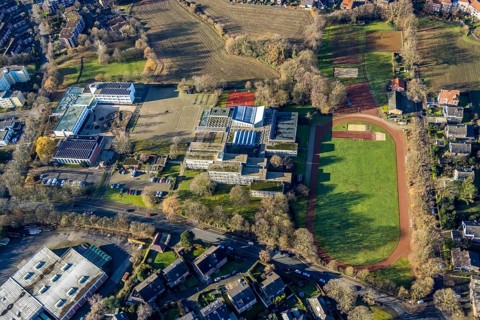 Aerial view of the sports field at the St. Ursula Realschule and Agathaschule in Dorsten in the