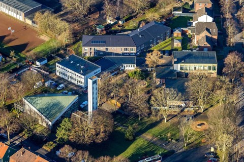 Aerial view Augustaschule in der Halterner Straße und evang. Kreuzkirche in Dorsten im Ruhr Area in