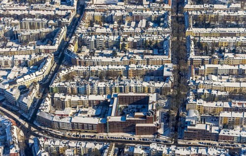 Aerial view, city centre, residential buildings Hohe Straße, Landgrafenstraße, Westfalenhalle,