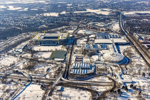 Aerial view, BVB stadium Signal Iduna Park, Westfalenhalle, Dortmund, Ruhr area, North