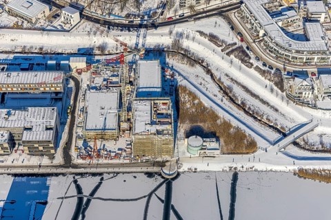 Aerial view, snow-covered Phoenix Lake, construction site of a retirement home, Hörde, Dortmund,