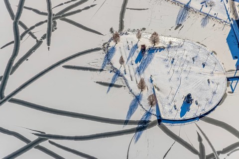 Aerial view, snowy Phoenix Lake, Hörde, Dortmund, Ruhr area, North Rhine-Westphalia, Germany, DE,