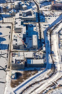 Aerial view, snow-covered Phoenix Lake, construction site of a retirement home, Hörde, Dortmund,