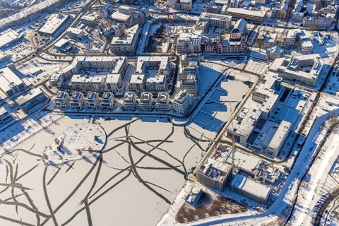 Aerial view, snow-covered Phoenix Lake, Hörder Burg, construction site of a retirement home, Hörde,
