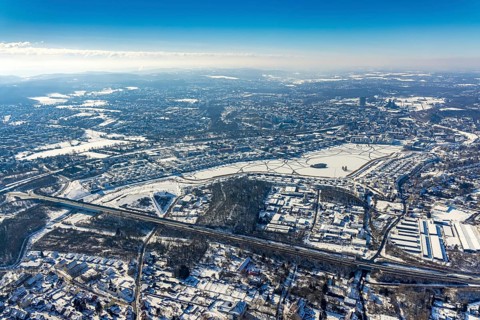 Aerial view, snowy Phoenix Lake, Hörde, Dortmund, Ruhr area, North Rhine-Westphalia, Germany, DE,